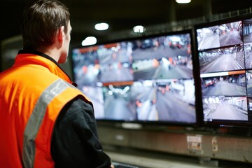 Security Guard Reviewing CCTV Footage for Suspicious Activity in Facilities Management