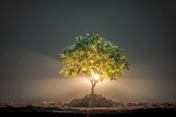 Single Glowing Solar Panel with Tree Standing Prominently in a Darkened Environment