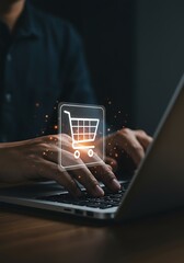 Fototapeta na wymiar Person Shopping Online Laptop E Commerce Cart Icon