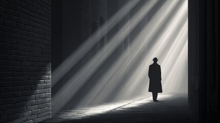 A shadowy figure walks through a dramatic, sunlit alley.