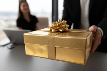 Businessman in Tailored Suit Presenting a Gift Box to a Woman in Office Setting