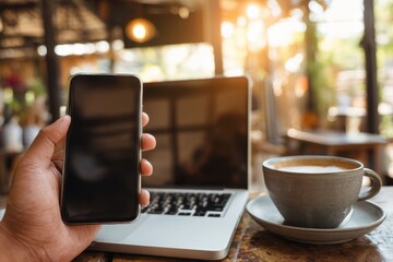 Close Up of Hands Switching Between Smartphone and Laptop with Coffee Cup in Cozy Cafe Setting