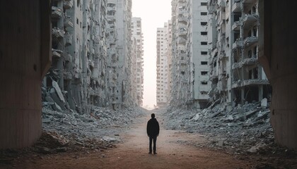 A person stands alone in a desolate, ruined urban landscape.