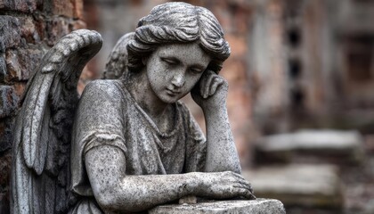 A serene angel statue evokes reflection and peace in a cemetery.