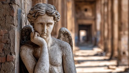 A thoughtful angel statue in an ancient architectural setting.