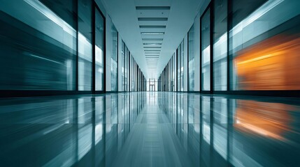 Fototapeta premium Modern office corridor with sleek design and reflective surfaces.