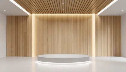 Fototapeta premium An exhibition hall with a wooden wall and cylinder pedestal with lighting for the product.
