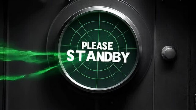 Illuminated neon sign of a green radar screen with a start button on the screen and text please standby sign