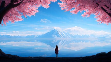 A serene landscape with cherry blossoms and a mountain view.