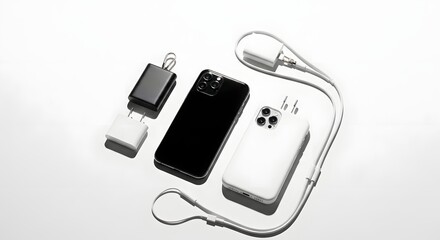 A minimalist arrangement featuring two phones, chargers, and a lanyard on white surface