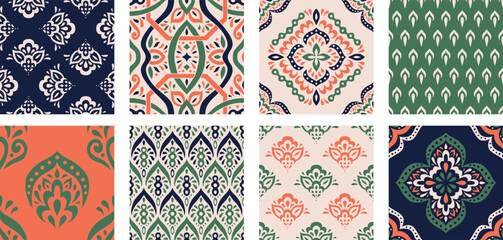 Collection of Moroccan style seamless pattern. Creative mediterranean interior design. Ethnic ornament swatch set. Azulejos tiles vector illustration. Modern Spanish talavera.