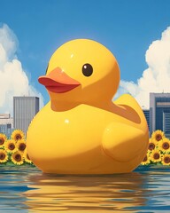 A giant yellow rubber duck floats among sunflowers and city skyline.