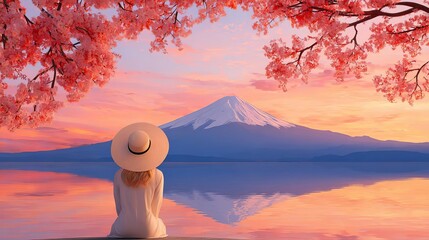 A serene sunset view of a woman by a peaceful lake with blossoms.
