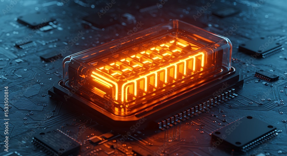 Poster glowing orange circuit board processor technology computer chip