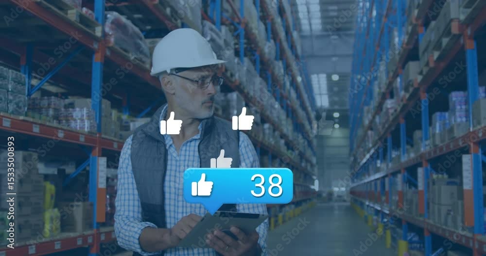 Poster hardhat warehouse worker tapping tablet checking stock showing bubble with rising thumbs-up count