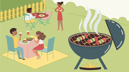 People enjoying a barbecue in a backyard with grilling food and outdoor dining on a sunny day scene