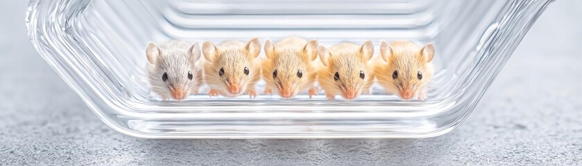 A row of cute laboratory mice in a clear glass container.