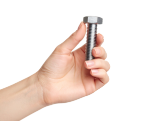 Hand Holding a Large Steel Bolt Isolated on White Background