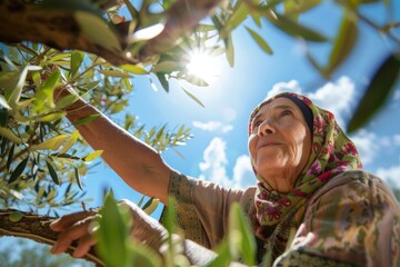 Senior muslim woman harvesting olives in an olive grove