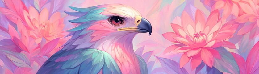 A colorful eagle amidst vibrant flowers and pastel hues.