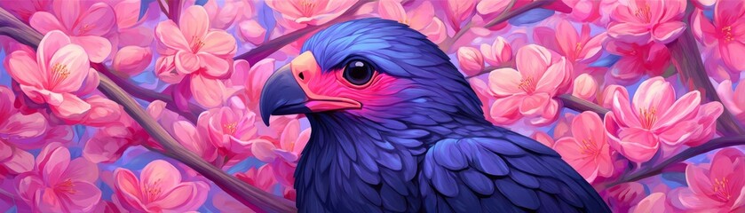 Vibrant bird perched among flowering branches, showcasing stunning colors.