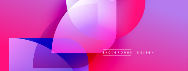 Abstract vibrant background. Overlapping shapes create dynamic visual effect. Pink, purple hues dominate composition. Modern design element.
