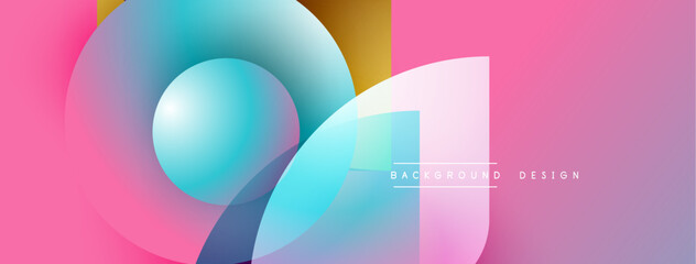 Abstract shapes overlap, creating vibrant gradients. Pink dominates background, complemented by blue, purple hues. Modern design element.