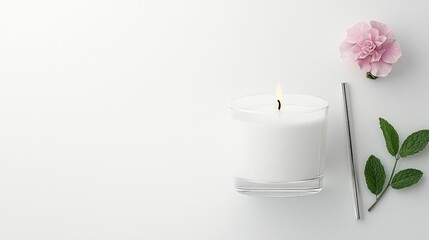 White Candle with Pink Carnation and Green Leaves on White Background