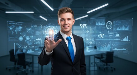 Businessman Interacting with Holographic Data Charts Graphs