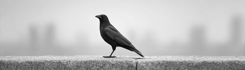 A solitary black bird perched on a stone ledge in the fog.