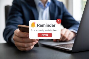 Businessman holding a phone with a reminder notification.