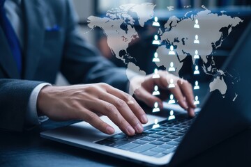 Global network of contacts displayed on a laptop.