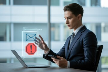 Businesswoman interacting with digital email interface.
