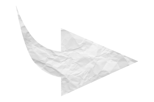White crumpled paper arrow isolated on transparent background