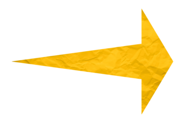 Yellow crumpled paper arrow isolated on transparent background