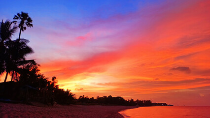 Sunset beach landscape, beautiful sea sunrise, ocean tropical island, red orange pink purple sky background, colorful clouds, palm trees silhouette, paradise nature, summer holidays, vacation, travel