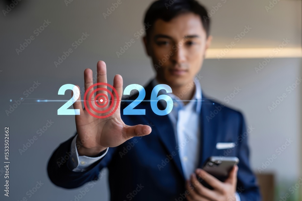 Poster a person interacts with a projected display of the year 2026.