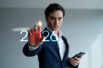 Businessman interacts with a futuristic 2026 interface.