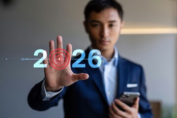 A person interacts with a projected display of the year 2026.