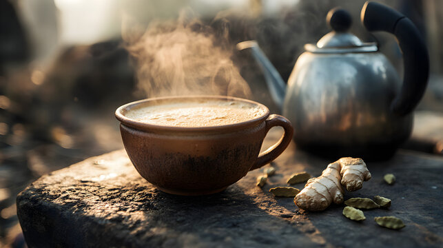 Indian masala chai in kulhad (clay cup) with perfect foam layer, cardamom pods and ginger pieces visible, served with roadside stainless steel kettle in morning mist, --ar 16:9