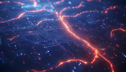 Detailed digital circuit board with glowing pathways.