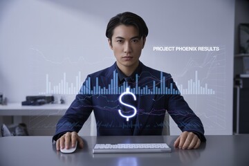 Businessman working at a computer with a glowing dollar sign.
