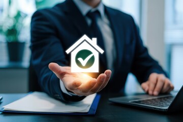 A hand holds a glowing home symbol.