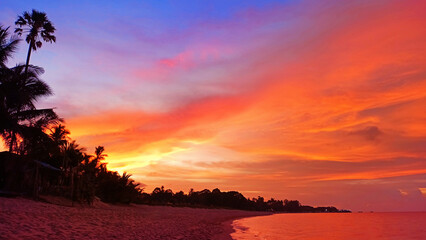 Sunset beach landscape, beautiful sea sunrise, ocean tropical island, red orange pink purple sky background, colorful clouds, palm trees silhouette, paradise nature, summer holidays, vacation, travel