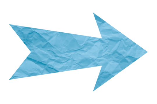 Light blue crumpled paper arrow isolated on transparent background