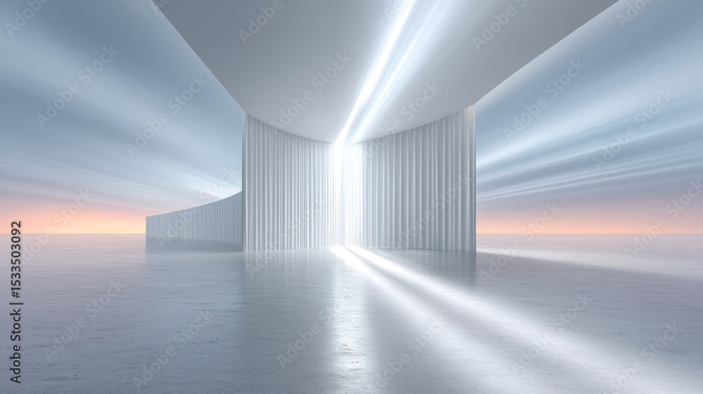 Poster white columns and light rays in a minimalist architectural setting