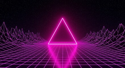 Futuristic digital landscape with illuminated triangle in neon purple aesthetic perspective