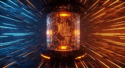 Futuristic digital cylinder showcasing technology with glowing circuit board details