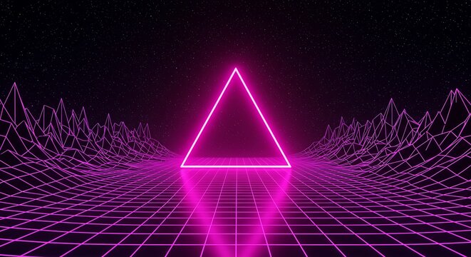 Futuristic digital landscape with illuminated triangle in neon purple aesthetic perspective