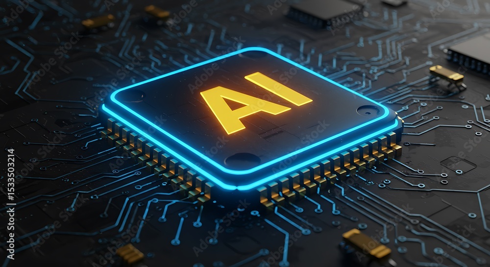 Poster futuristic 3d rendering of a glowing artificial intelligence chip and circuit board